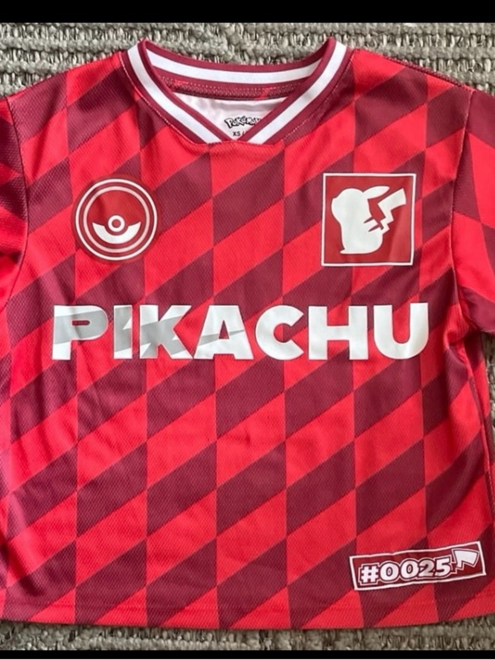 Rare Pokémon Pikachu #0025 Red Soccer Jersey – Diamond Pattern Anime Sz XS, NWT